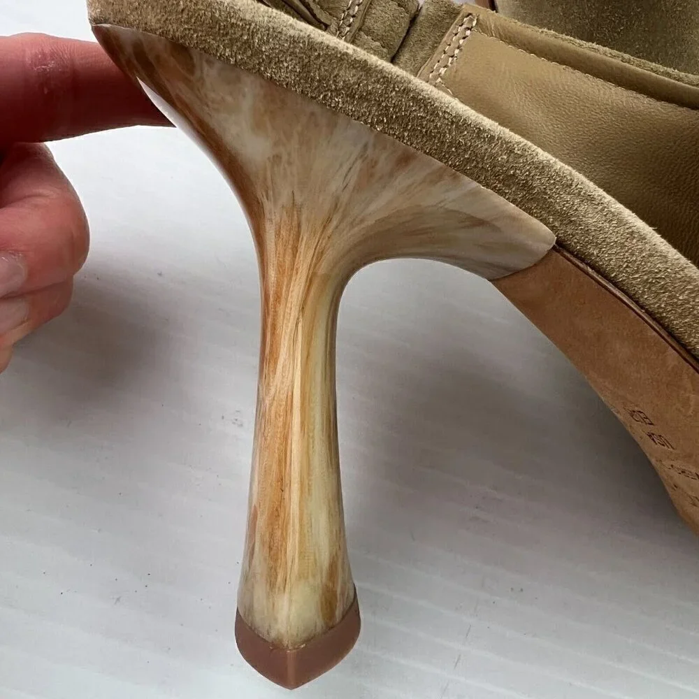Vince Women Quest Slingback Beige Kitten Heel Leather Suede Sandals Sz 9.5M NEW
